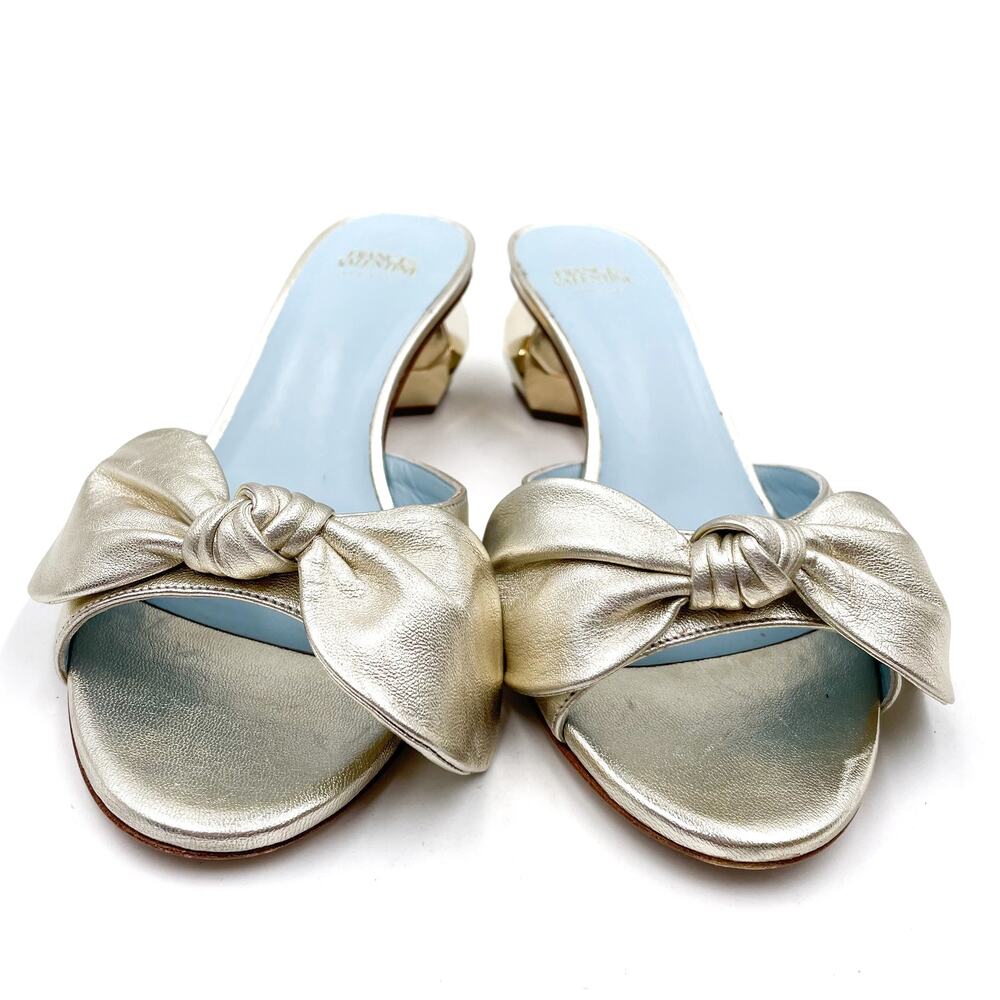 Frances Valentine Bottie Bow Heels Gold Sandals Geodome Slide Leather Sz 7 - Picture 4 of 12